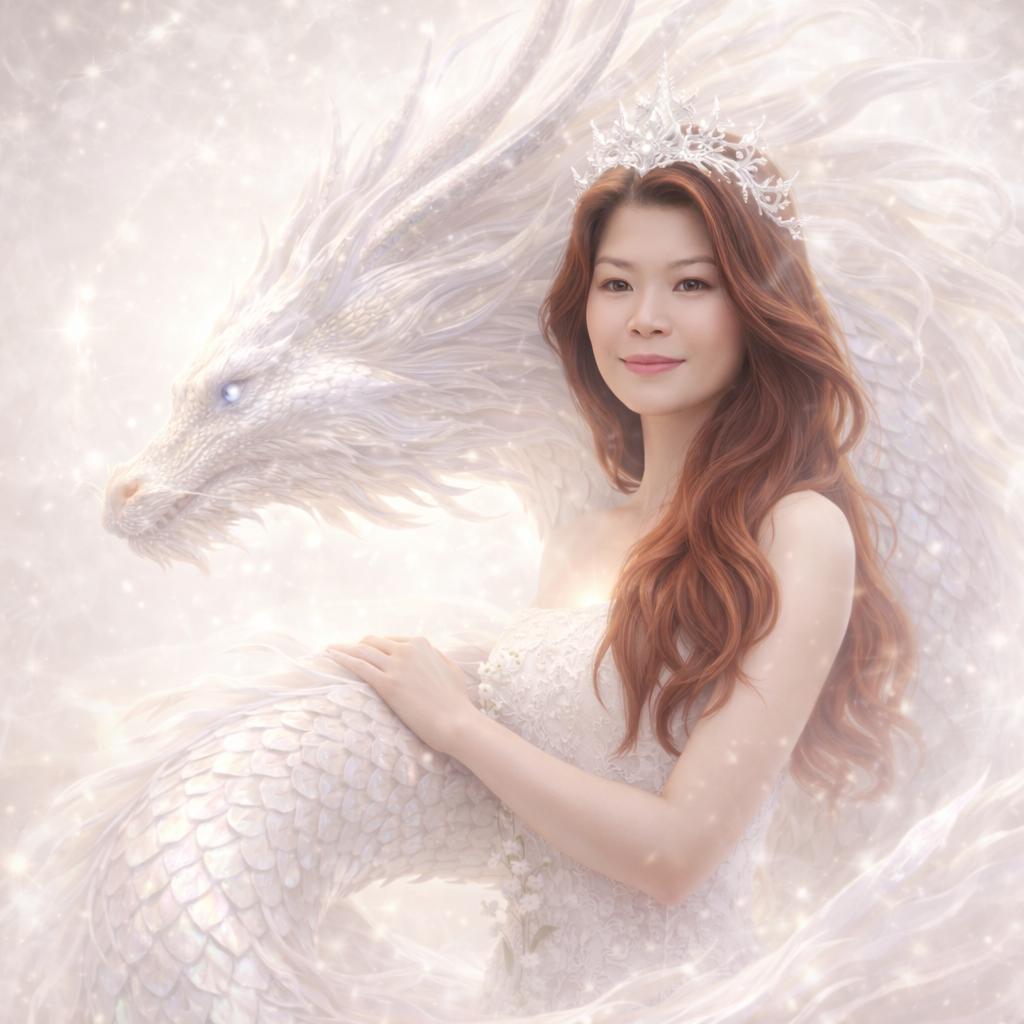 A woman crowned, her ethereal white dragon at her side, suffused in golden light